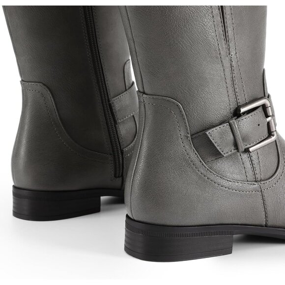 Women's Faux Leather Grey Knee High Buckle Chunky Heel Flat Riding Pirate Boots - Picture 6 of 7